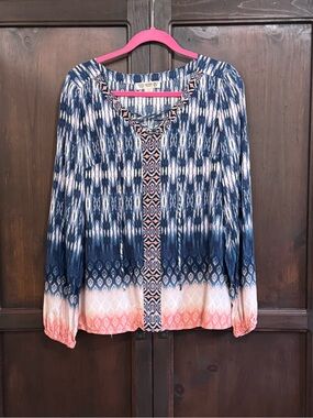 Vintage America Boho Ombre Navy and Coral Printed Peasant Top size Medium